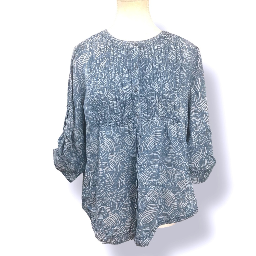 Intro  Festival Boho Button Down Top Roll Tab Sleeve Blue Print Blouse‎ Petite M